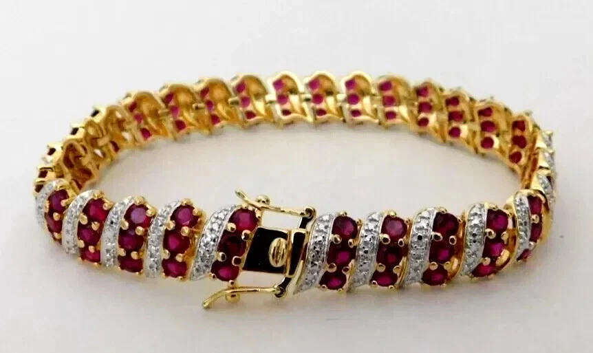 10Ct Round Cut Lab-Created Ruby Men's Tennis Bracelet 14K Yellow Gold Finish - Image 3 of 4