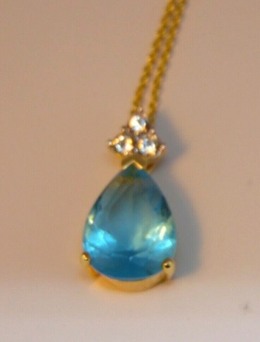 W Lind 14KG Teardrop Blue Stone & Crystal Necklace 18" - Picture 4 of 4