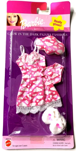 MATTEL BARBIE GLOW IN THE DARK PAJAMA FASHION SET PINK & WHITE 68691-91 VTG 1999