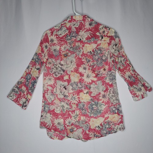 Magazine Gauze Button Shirt Women Medium Muted Red Floral 3/4 Roll Sleeve Collar - Picture 7 of 11