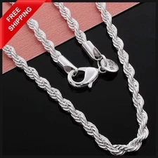 4mm Solid Silver Italian Rope Chain Necklace Diamond Cut Style