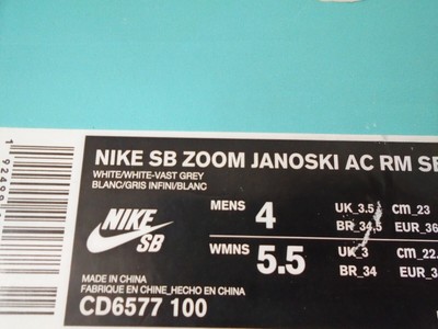 Nike SB ZOOM JANOSKI AC RM se Zapatos CD6577-100 Blanco Gran Goma Gris  Talle 4 Nuevos | eBay