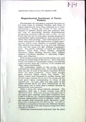 Biogeochemical Enrichment of Fission Products Reprinted from Natur, Vol. 184