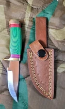 Fixed Blade 2.5 In Knife With Brown Leather Sheath And Wooden Handle Green