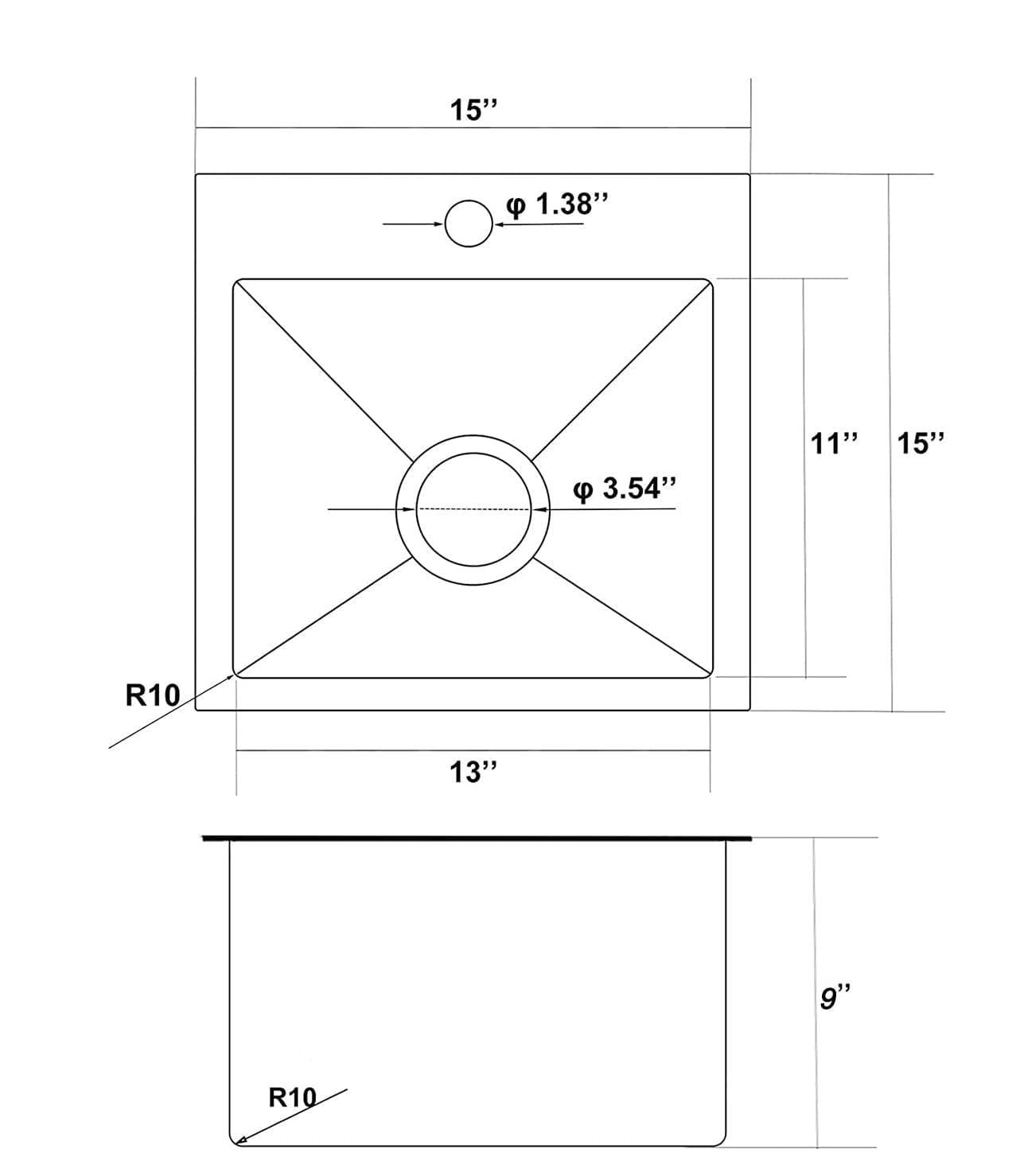 15x15 Inch Drop In Bar Sink, Topmount Single Bowl Handmade 16 Guage Stainless...
