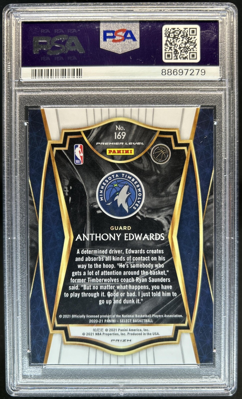 2020-21 Select Anthony Edwards Zebra Prizm SSP RC Premier Level #169 PSA 10 view 2