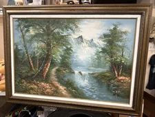 HUGE!! 43x32” Framed Landscape REAL Oil Painting Signed Forest Mountains River