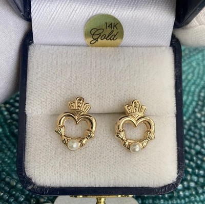 14k Solid Yellow Gold Signed Jacmel Mauritius Heart Pearl Stud Earrings