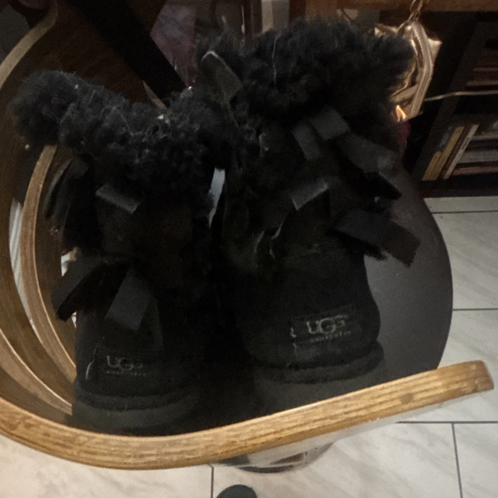 UGG Black Suede Shearling Mid-Calf Bow Boots Women's Size 6 Fur Lined Pull On