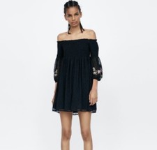 NWT Zara Little Black Dress Whimsigoth Embroidered Sleeve Sexy Shoulder Babydoll