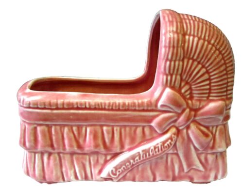VINTAGE PINK CONGRATULATIONS BABY BASSINET CERAMIC PLANTER 1950'S/60'S - Picture 1 of 10