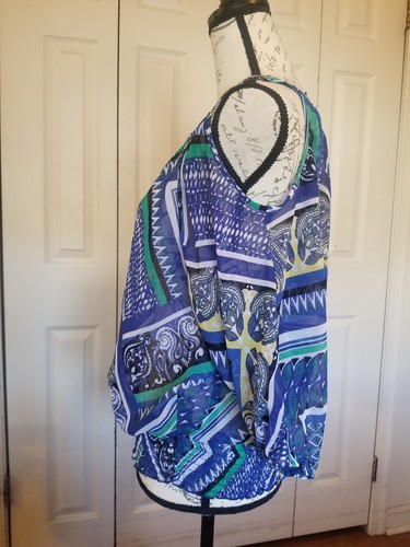 IZ Byer Top Large Blue Multi Paisley Scoop Nk ShSlv Cold Shldr Elastic Waist EUC - Picture 7 of 15