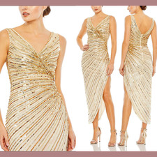 NWT Mac Duggal [ 2 ] Sequined Faux Wrap Sleeveless Midi Dress Nude Gold #G1789