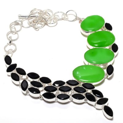 Green Jade, Black Onyx Gemstone 925 Sterling Silver Jewelry Necklace 18'' AK331