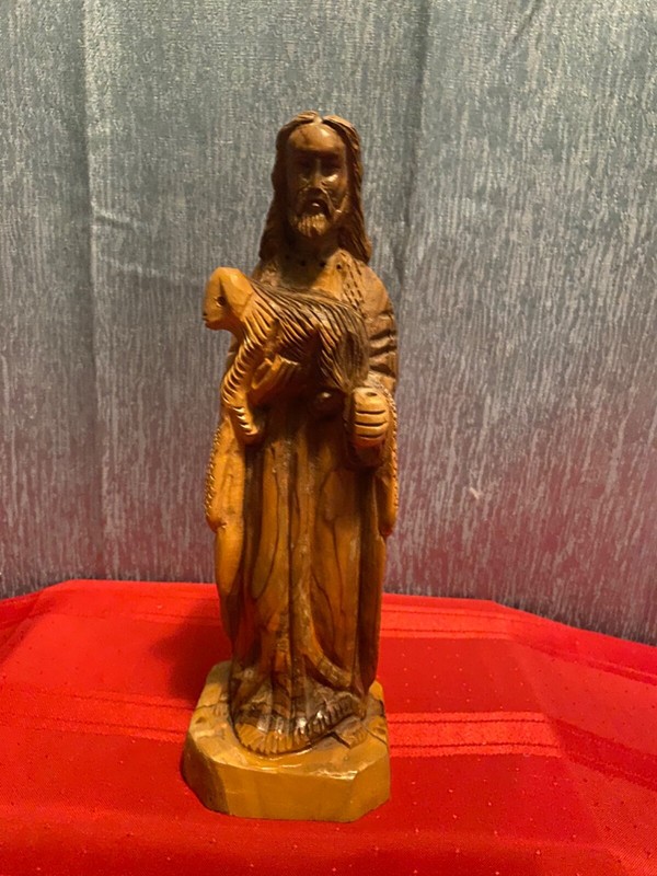 Hand Carved Wooden statue of Jesus holding sheep 10”