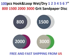 100pcs Hook&Loop Wet/Dry 1 2 3 4 5 6 7" 800 1500 2000 3000 Grit Sandpaper Disc