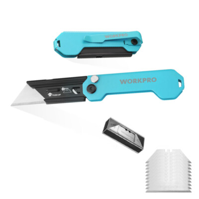 WORKPRO 2PC Folding Utility Knife Quick-Change Blade Box Cutter 10PC Extra Blade