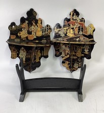 Antique Japanese Chinoiserie Folding Lacquer Wall Shelf Hand Painted W/ Holder
