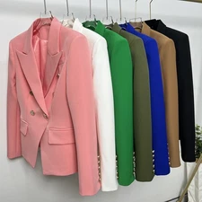 Spring Fall Women Lady Blazer Double Breasted Slim Fit Suit Jacket Gold Buttons
