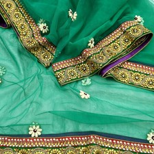 Indian Vintage Heavy Bridal Green Net Dupatta  Hand Embroidered Zardozi Zari