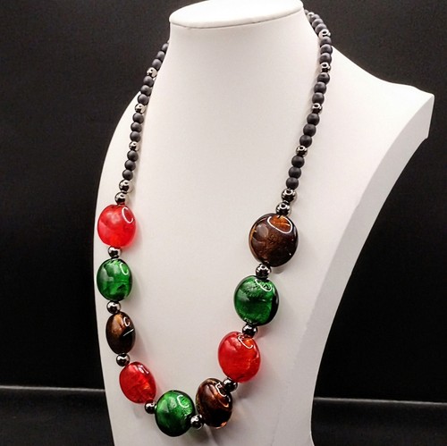 Red Green Bronze Brown Glass Necklace Lampwork Foil Beads Chunky Statement Big - Picture 9 of 14