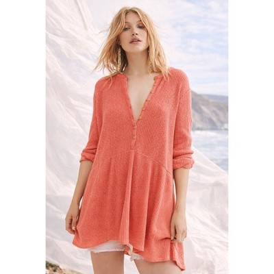 WB9 Free People Beach Blossom Button Up T Shirt Dress Coral Ribbed Size S P