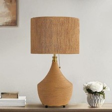 Kaisite 24 Zoll Boho Tischlampe braun Rattan Fuß und Schirm mit Metallzugkette