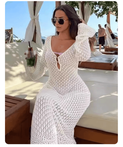 Hot selling beach vacation bikini top with hollowed out crochet knit long dress - Picture 16 of 31