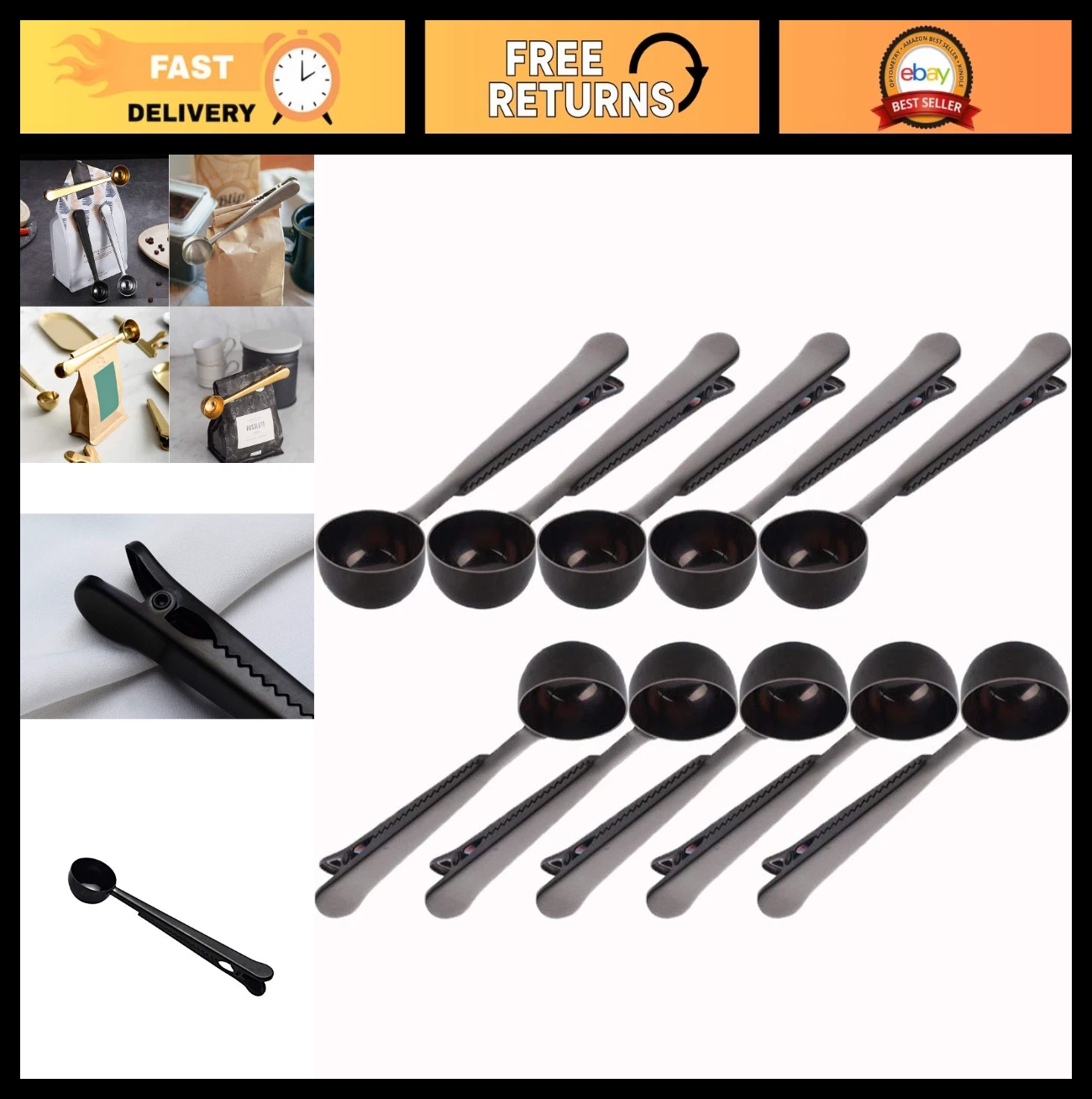 10-Pack 2-in-1 Stainless Steel Measuring Spoon & Bag Clip for Coffee & Tea