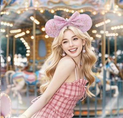 Disney- Parks Pink Sequin Aurora Minnie Mickey Mouse Ear Bow 