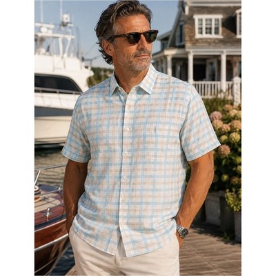 NWT Bugatchi Men's Button Down Shirt Medium Blue & Tan Plaid