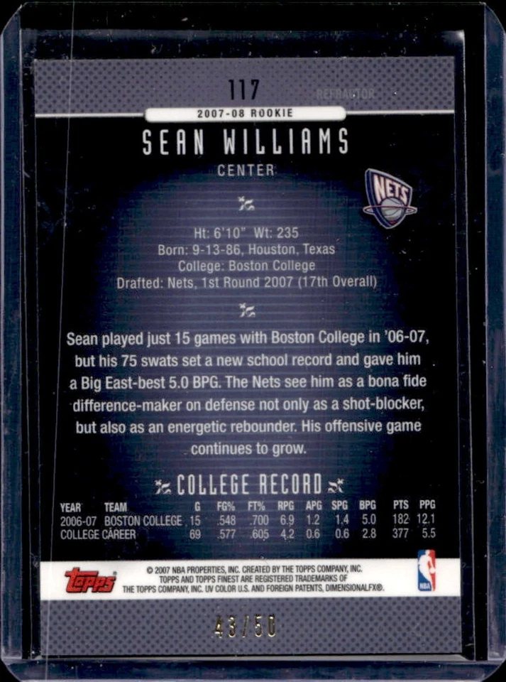 2006-07 Finest Sean Williams Refractor Gold Rookie RC #/50 Nets - Image 2 of 2