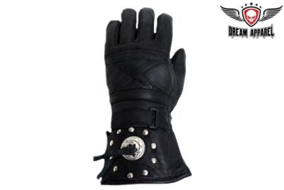 New Black Full Finger Leather Concho & Studs Gloves For Motorcycle Biker Riding