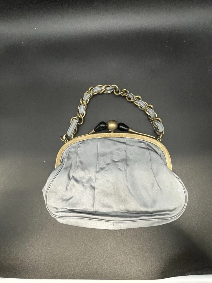 J Crew Blue Silk Evening Purse Clutch Chain Handle Kiss Lock 3 Section Flapper - Image 4 of 4