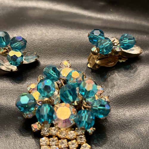 Vintage Brosche und Ohrringe Set Aqua Blau Eis Strass Clip On - Bild 8 von 13