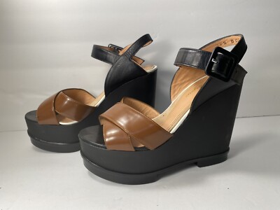 Robert Clergerie wedge platform Sandals Leather Heels Black Brown 
