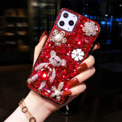 For iPhone 12 11 Pro Max XS XR 8 7 Glitter Bling Flower Full Diamond Case Cover