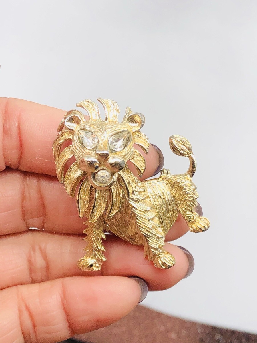 Vtg Unmarked CORO? Clear Glass Rhinestone Trembler Head Lion Pin