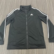 Adidas Tracksuit Jacket Youth Large Black Blue Full Zip 3 Stripe Logo Soccer EUC