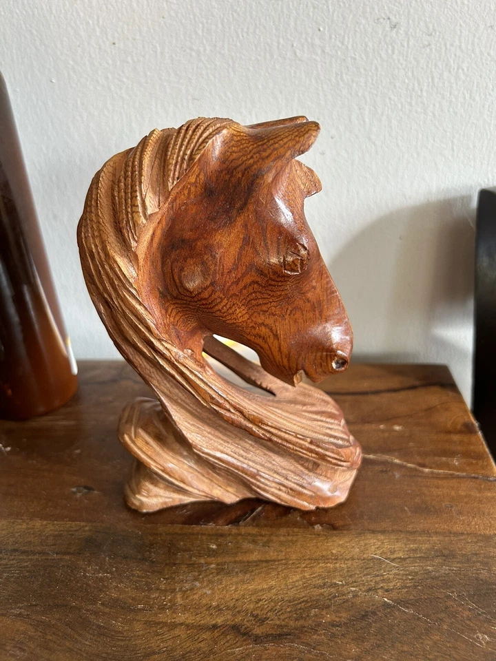 "Cabeza de caballo tallada madera 6"" talla detallada vintage casa de campo rústica occidental" Foto 2 de 4