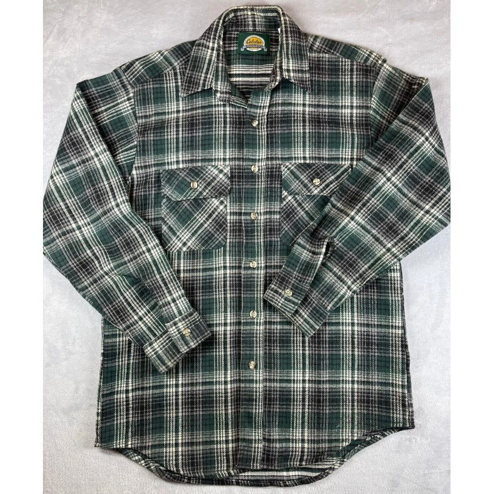 Vintage Cabelas Flannel Shirt Mens M Green Plaid Hunting Hiking Camp Button Up