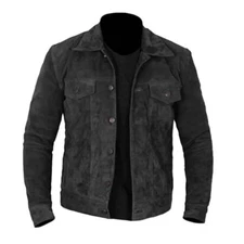 Men Real Suede Leather Classic Black Trucker Jacket Western Style Handmade Coat