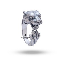 Anello Jaguar Panther Cat Pantera Giungla Animale Uomo Biker Rider 925 Argento