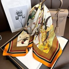 100 Silk Scarf Women Vintage Orange Bird Kerchief Square Bandana Wrap 65 65cm