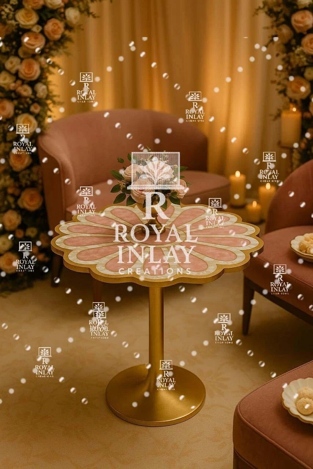 18" Rose Quartz Flower Table Inlay | Luxury – Handmade Gemstone Center Table - Image 2 of 4