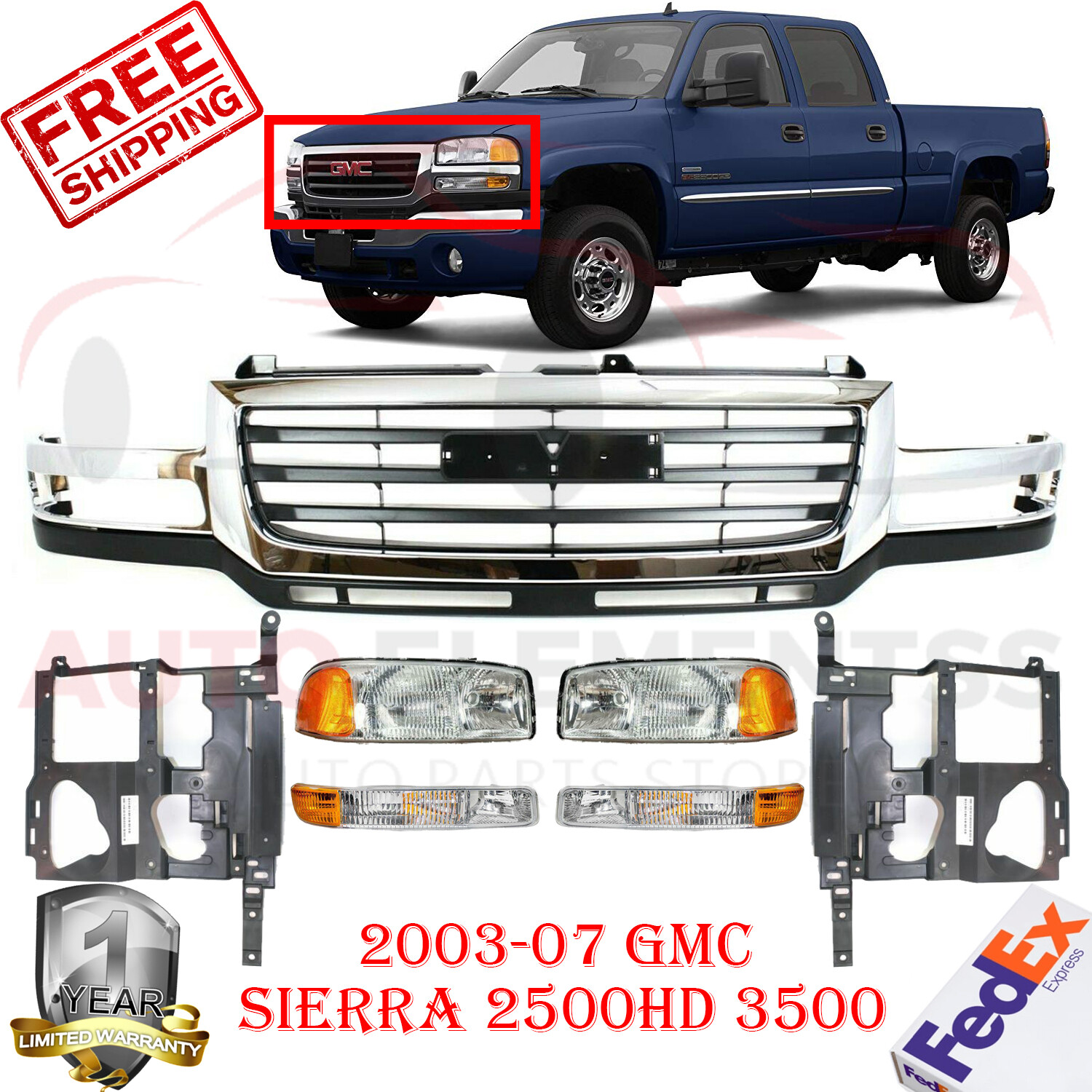 Head Park Lights + Grille Panel + Brackets For 20032007 GMC Sierra