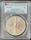2023-W Burnished $1 American Silver Eagle PCGS SP70 FDOI Flag Label #45225