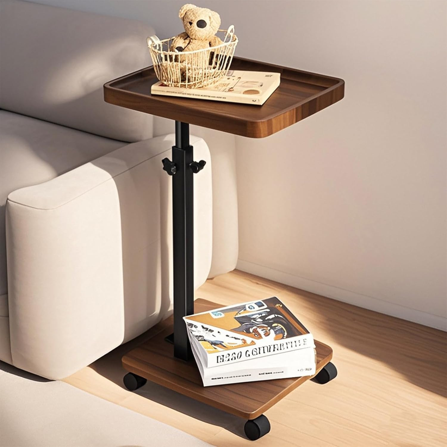 Adjustable Height Sofa Table Slides Under Couch in 360° Brown and Black