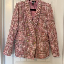 Aqua Women  s Pink Tweed Metallic Gold Buttons Double Breasted Blazer Jacket Sz M
