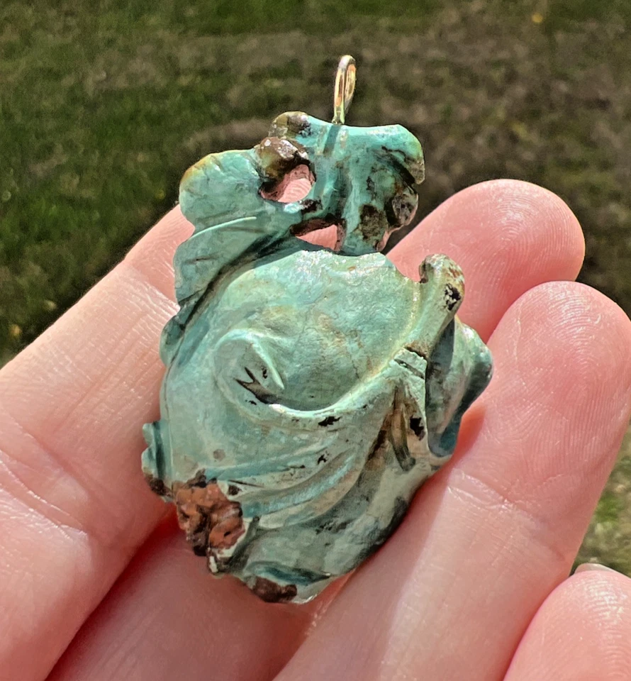 ANTIGUO COLGANTE VINTAGE TALLADO TURQUESA SIN TEÑIR ORO 14K44mm 14g Foto 2 de 4